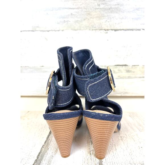 Cato Women’s 9 Blue Chambray Denim Peep Toe Heeled Buckle Sandal Ankle Boot - Picture 4 of 8